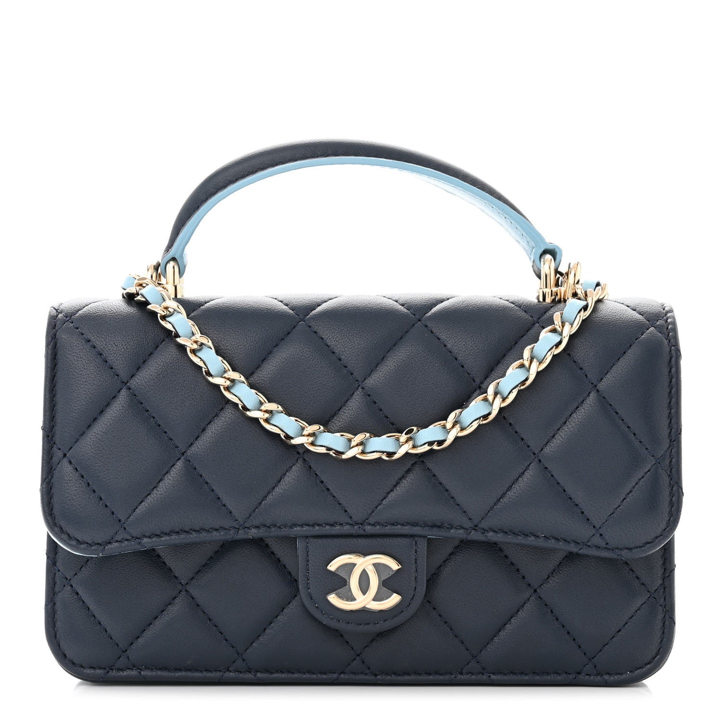 Lambskin Quilted Flap Phone Holder With Chain Dark Blue Light Blue