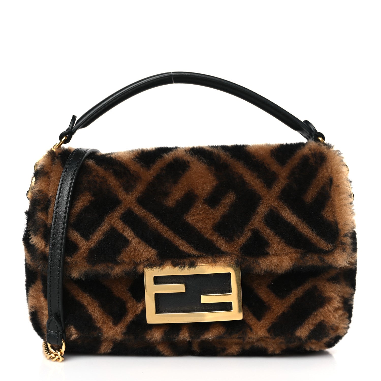 Fendi Shearling Vitello Dolce Macro FF 1974 Mini Baguette Tobacco Black 1 of 9