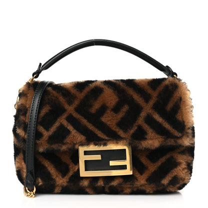 Fendi Shearling Vitello Dolce Macro FF 1974 Mini Baguette Tobacco Black 1 of 9