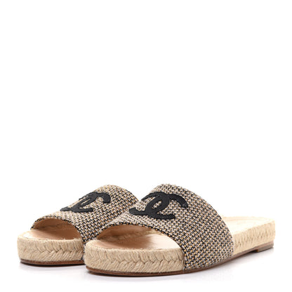 Chanel Tweed Grosgrain CC Espadrille Slip On Sandals 36 Beige Black 3 of 9