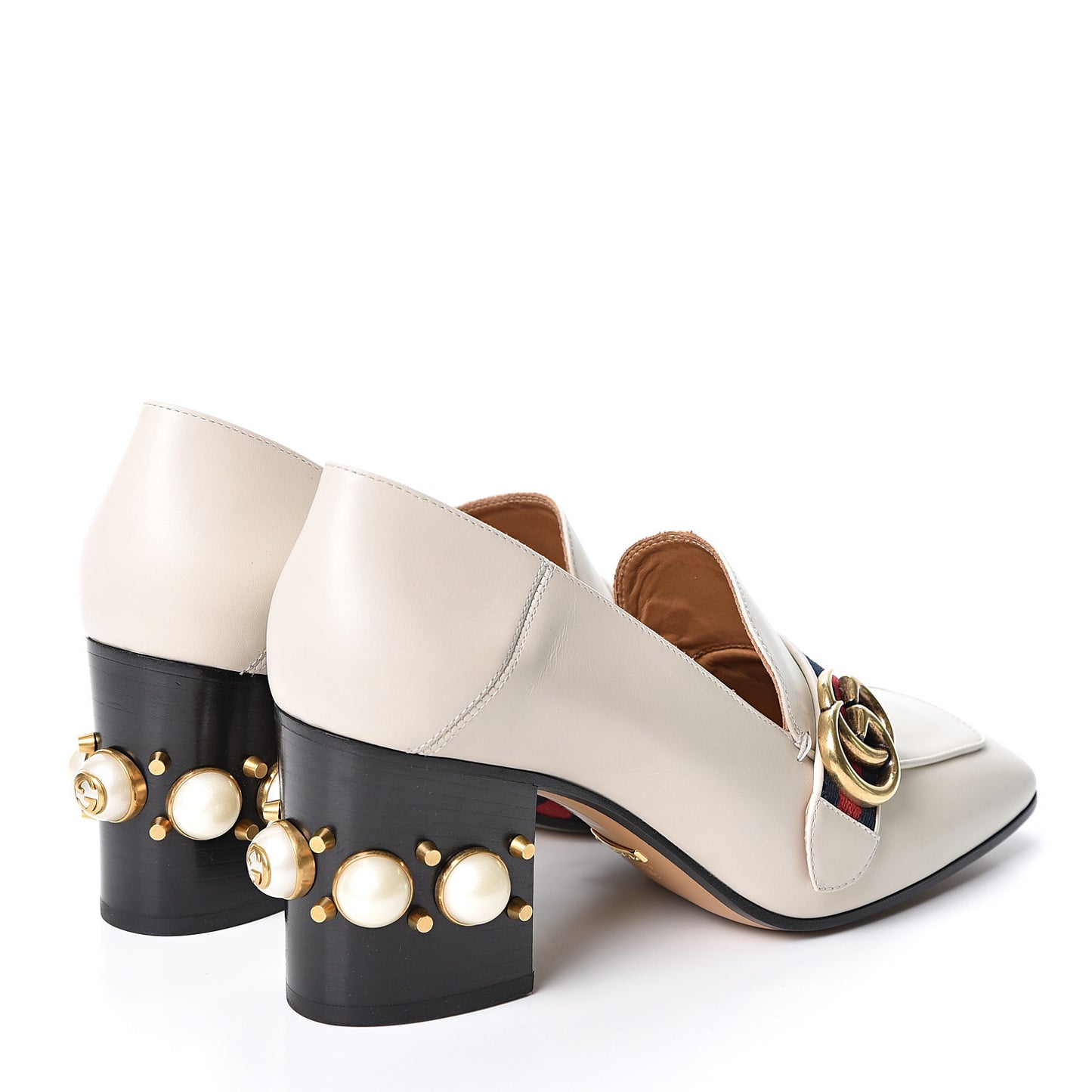 Betis Glamour Calfskin Web Pearl Embellished Peyton 75mm Loafer Pumps 39 Mystic White