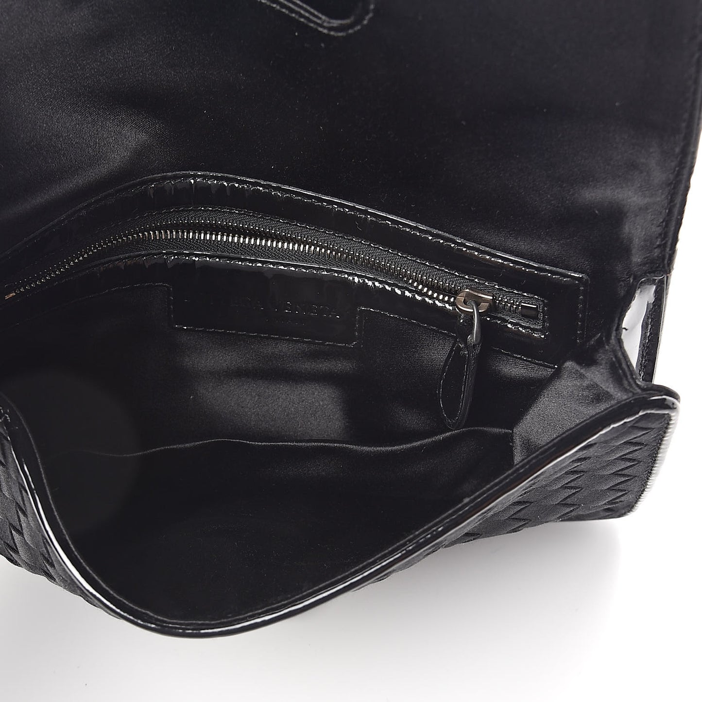 Satin Patent Intrecciato Flap Clutch Black