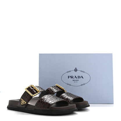 Prada Calfskin Embossed Crocodile Buckle Slide Sandals 36 Cacao 11 of 11