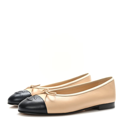 Chanel Lambskin Cap Toe CC Ballerina Flats 38 Beige Black 3 of 9