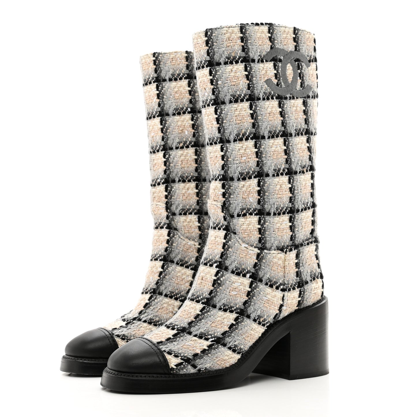 Wool Tweed Calfskin Cap Toe High Boots 36 Black Ivory Beige Grey