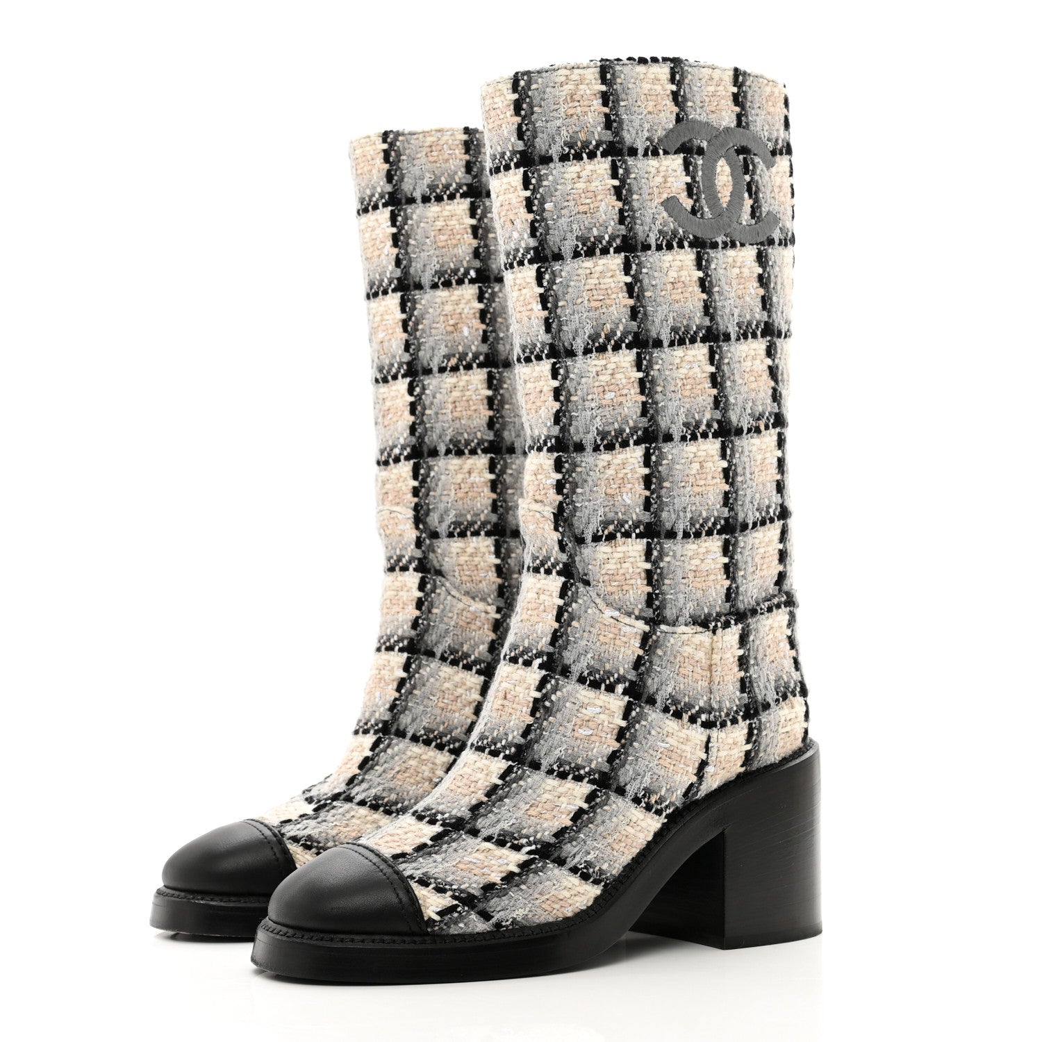 Chanel Wool Tweed Calfskin Cap Toe High Boots 36 Black Ivory Beige Grey 3 of 9