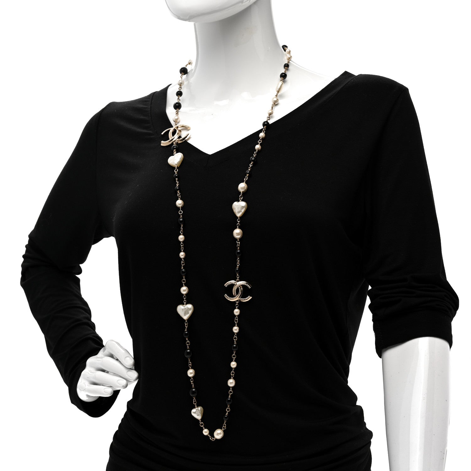 Chanel Pearl Bead Heart CC Long Necklace Gold Black 2 of 6