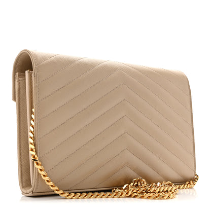 Saint Laurent Grain De Poudre Matelasse Chevron Monogram Chain Wallet Dark Beige 3 of 13