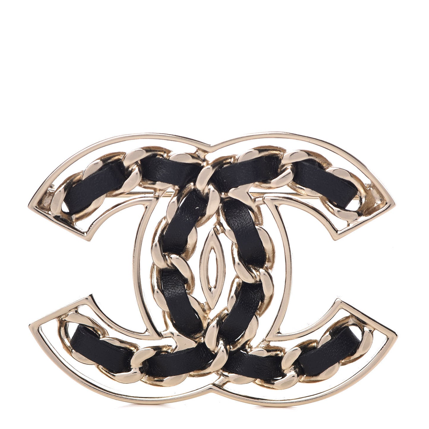 Metal Calfskin Chain CC Brooch Black Gold