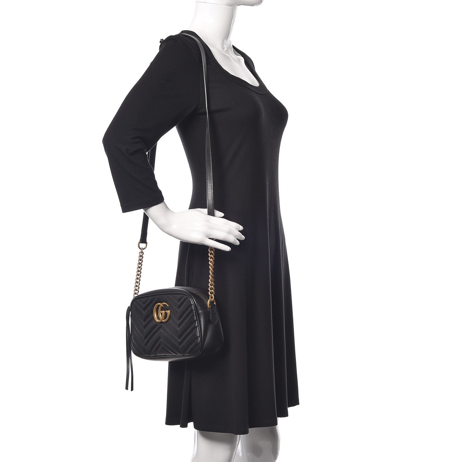 Gucci Calfskin Matelasse Small GG Marmont Chain Shoulder Bag Black 2 of 9