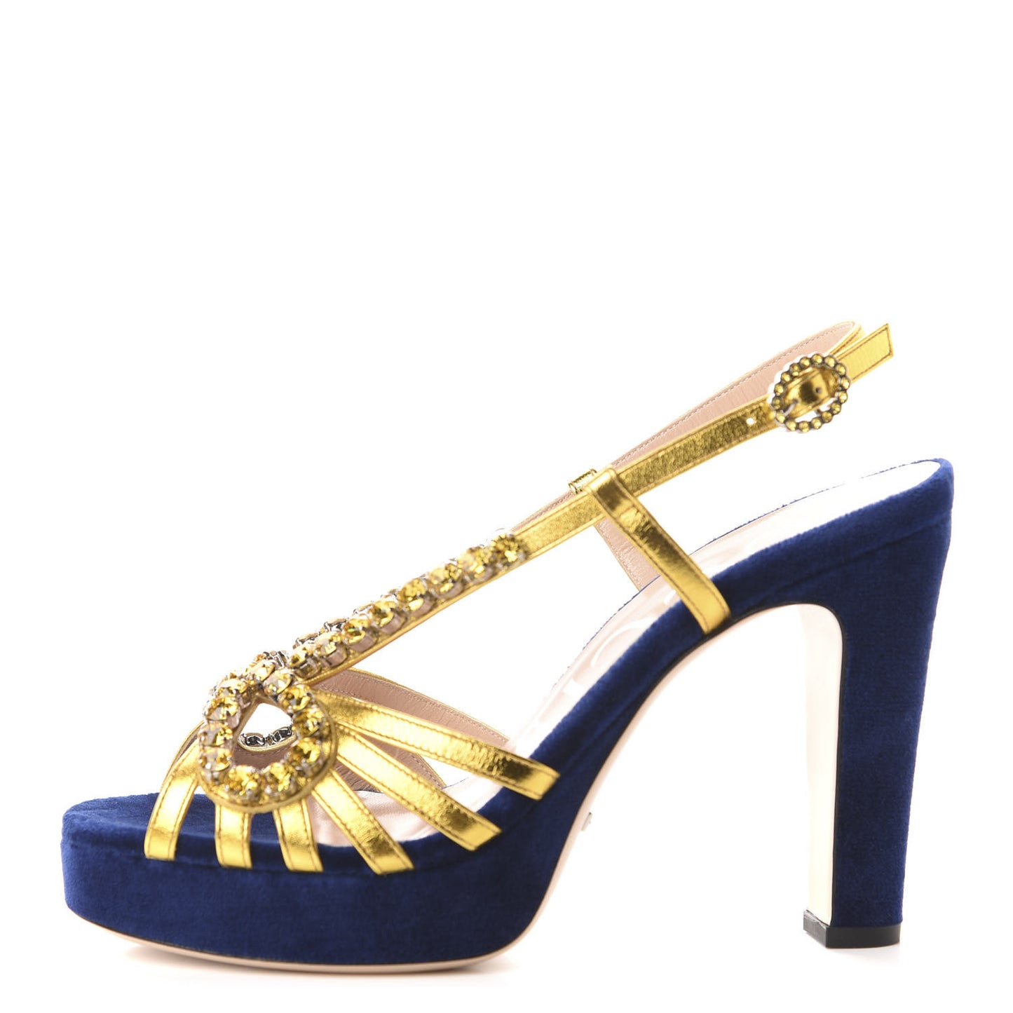 Velvet Nappa Crystal Zephyra Slingback Platform High Heel Sandals 38.5 Blue Gold