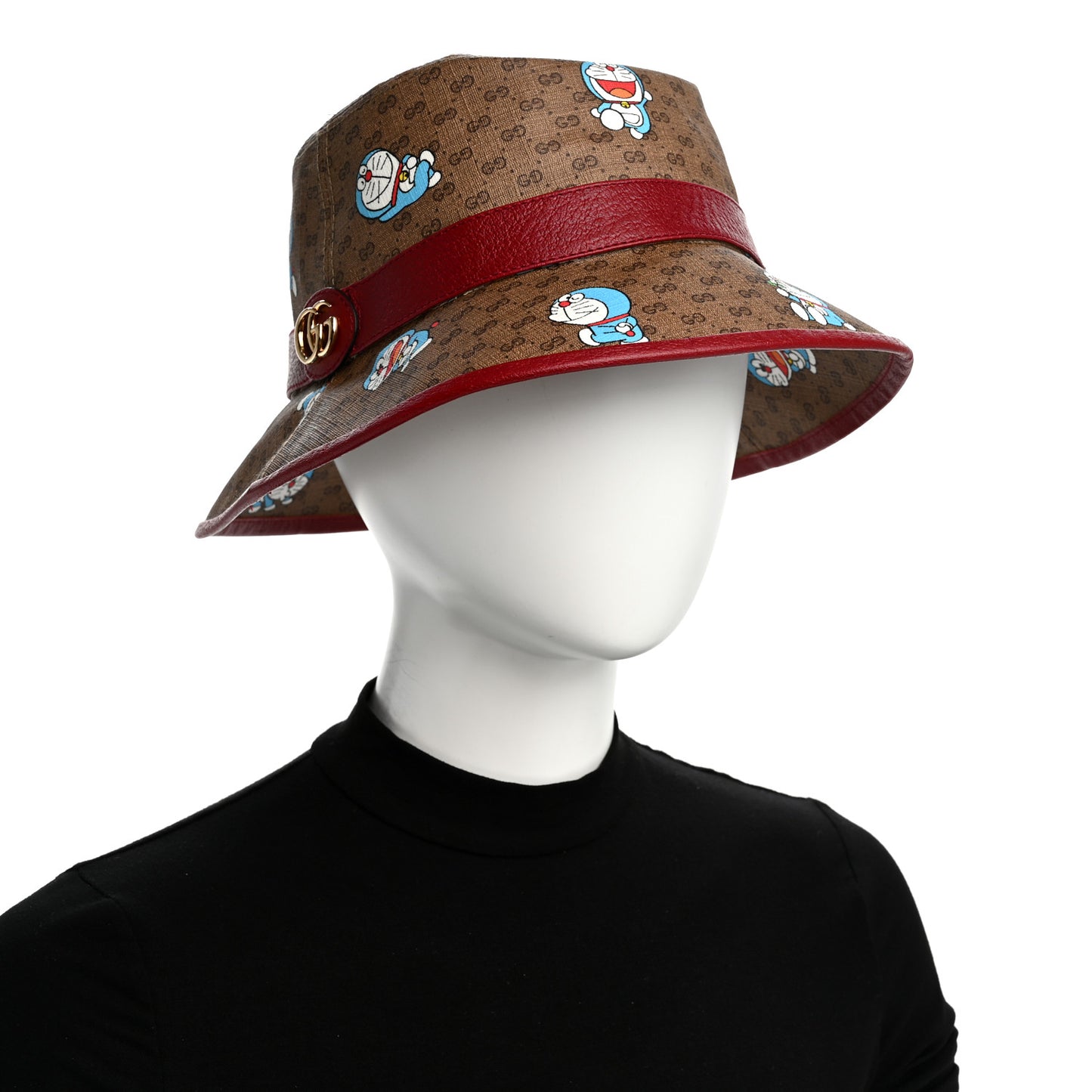 X DORAEMON Mini Vintage GG Supreme Monogram Textured Dollar Calfskin Bucket Hat L Beige Cherry Red