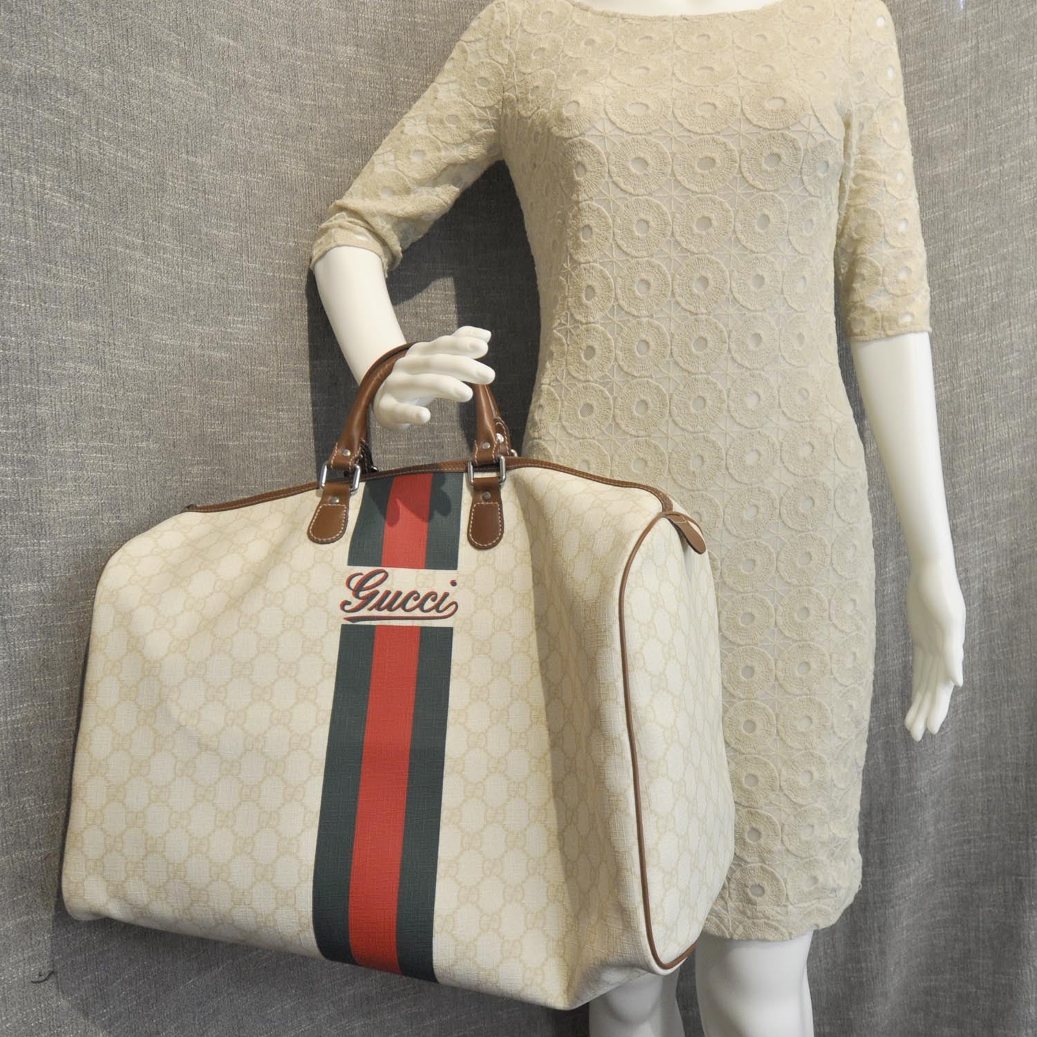 Gucci GG Plus Monogram Web Stripe Large Carry On Duffle Tan 9 of 9