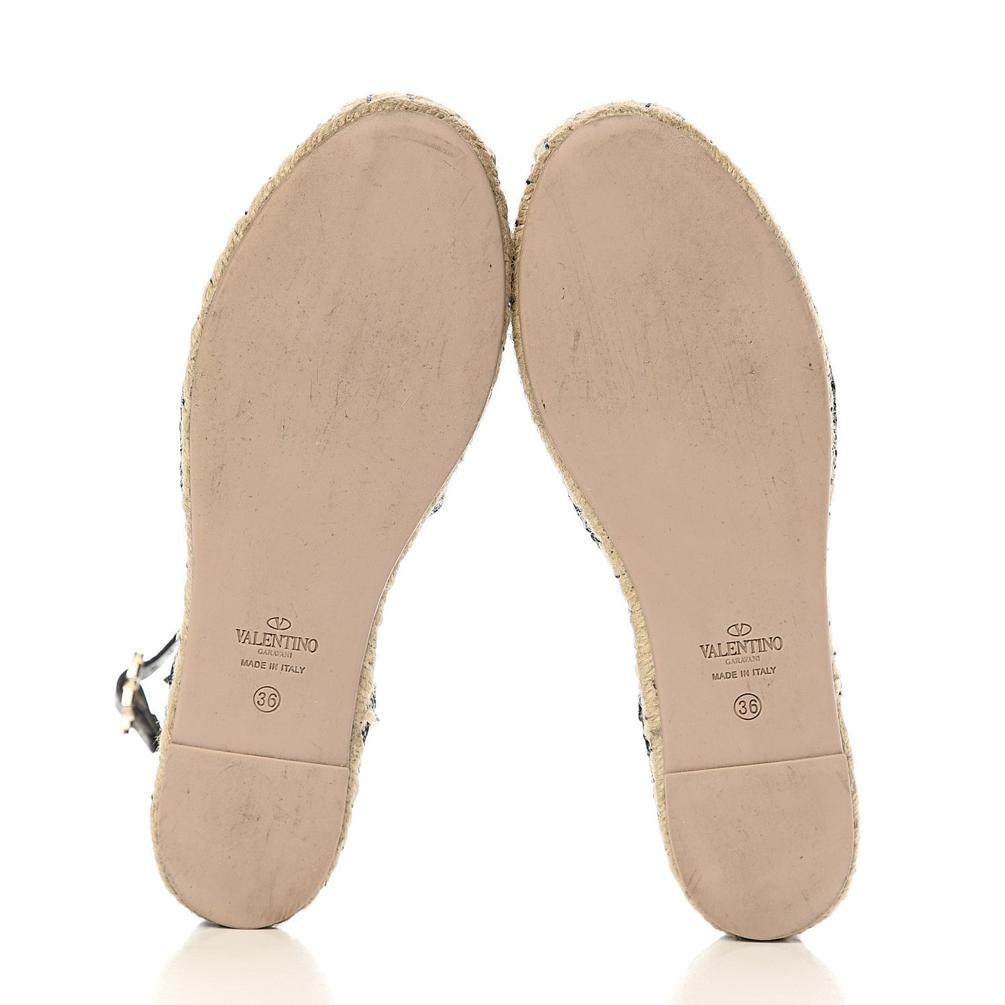 Grained Calfskin Rockstud Ankle Wrap Espadrille 20mm Flats 36 Black Light Cuir Natural