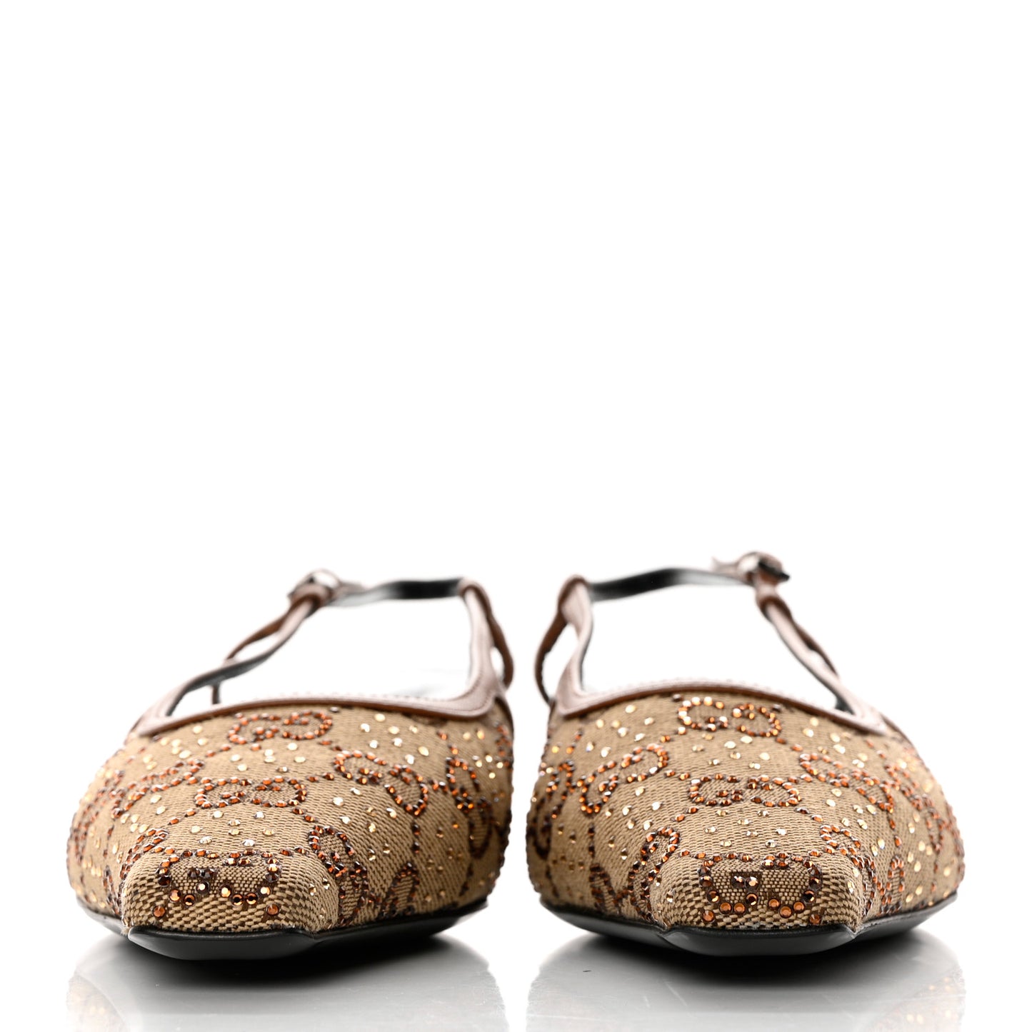 GG Monogram Malaga Kid Crystal Square G 35mm Slingback Pumps 37 Camel Ebony Cuir