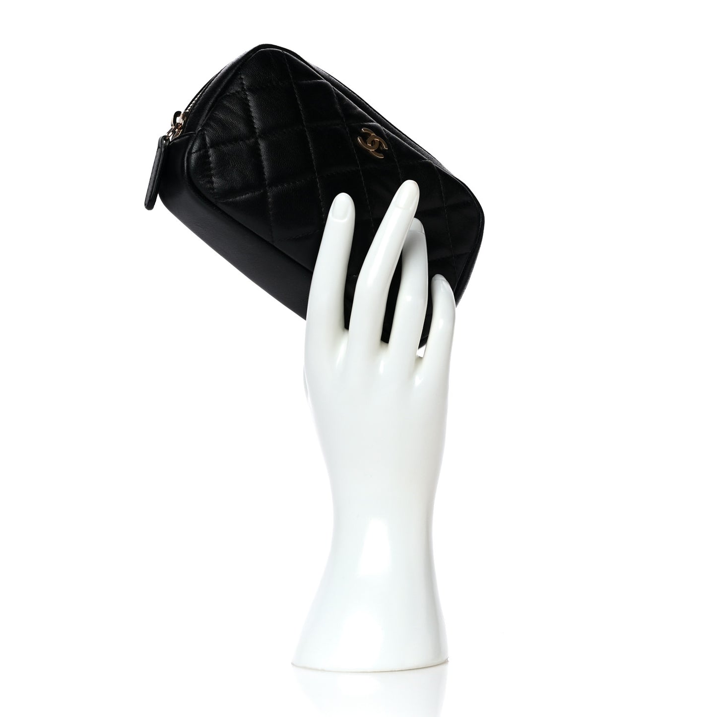 Lambskin Quilted Small Curvy Pouch Cosmetic Case Black