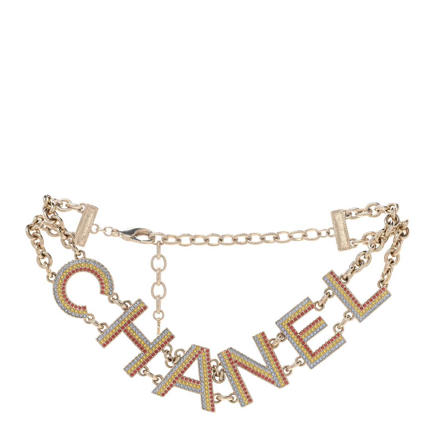 Metal Crystal Cha-Nel Logo Choker Necklace Multicolor Gold