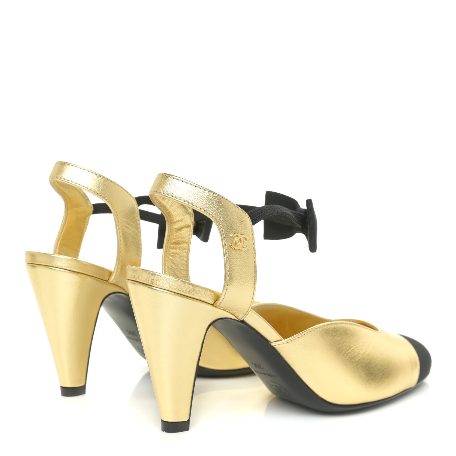 Chanel Laminated Lambskin Grosgrain Cap Toe CC Pumps 36 Gold Black 5 of 14