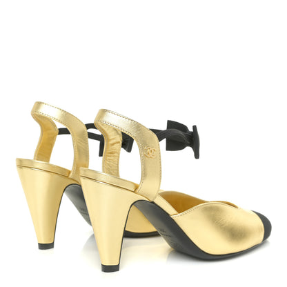 Chanel Laminated Lambskin Grosgrain Cap Toe CC Pumps 36 Gold Black 5 of 14
