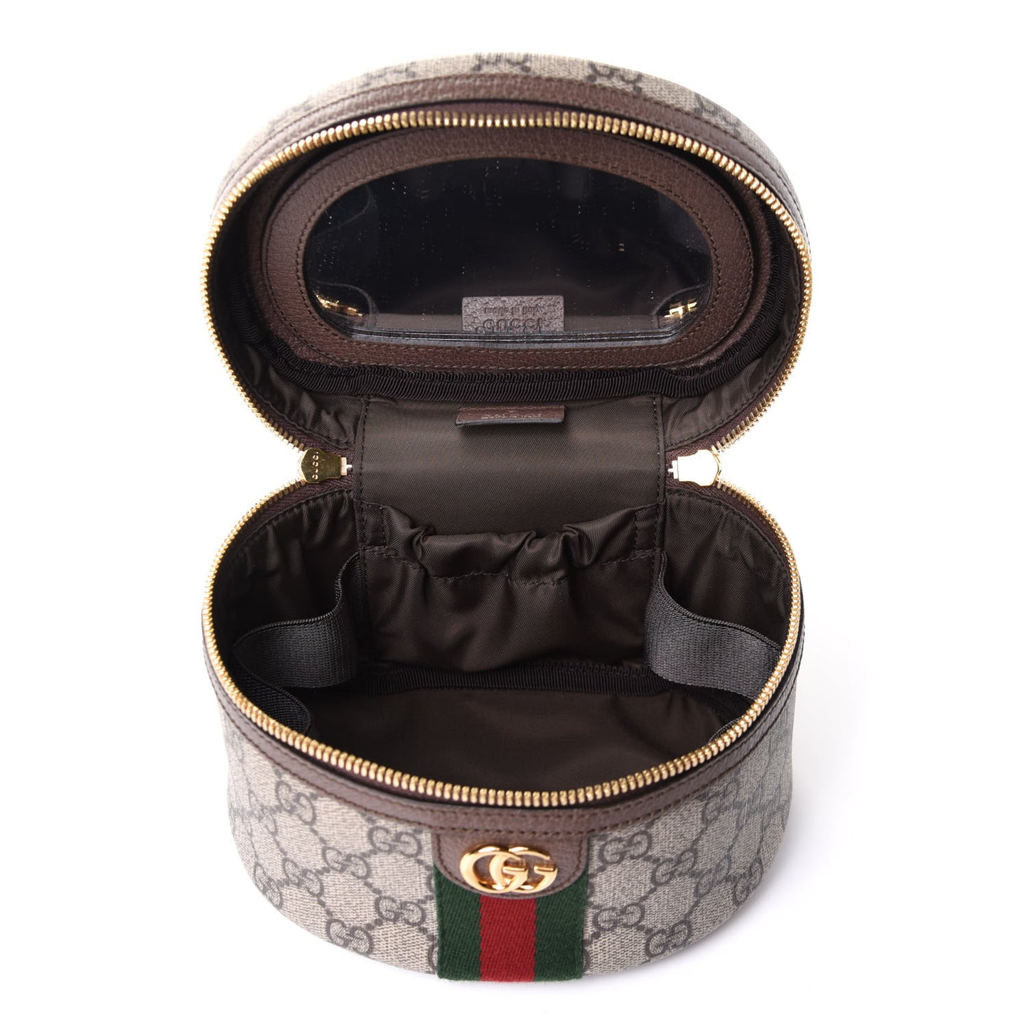 GG Supreme Monogram Textured Calfskin Web Ophidia Vanity Cosmetic Case Beige Ebony New Acero