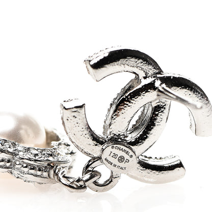 Chanel Crystal Pearl Camellia CC Coco Flapper Drop Earrings Silver 4 of 5