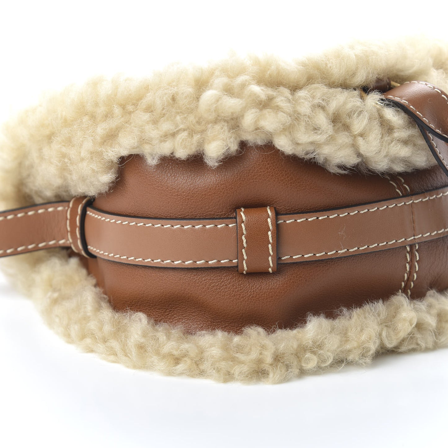Small Grain Shiny Calfskin Shearling Small Marcie Round Crossbody Bag Caramel