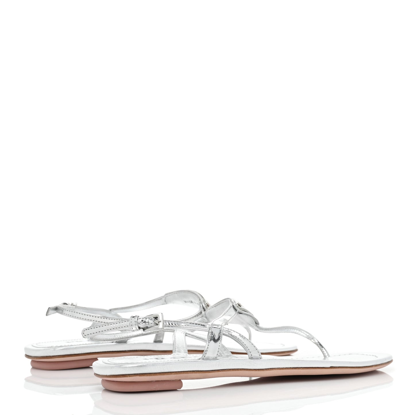 Metallic Calfskin Metal Triangle Logo Slingback Flat Thong Sandals 38.5 Argento