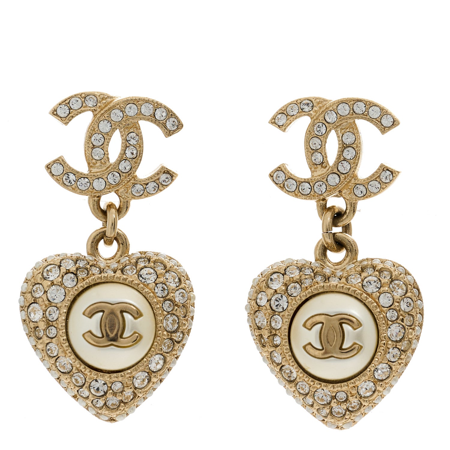Chanel Pearl Crystal CC Heart Drop Earrings Gold White 1 of 5