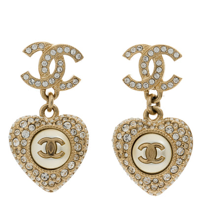 Chanel Pearl Crystal CC Heart Drop Earrings Gold White 1 of 5