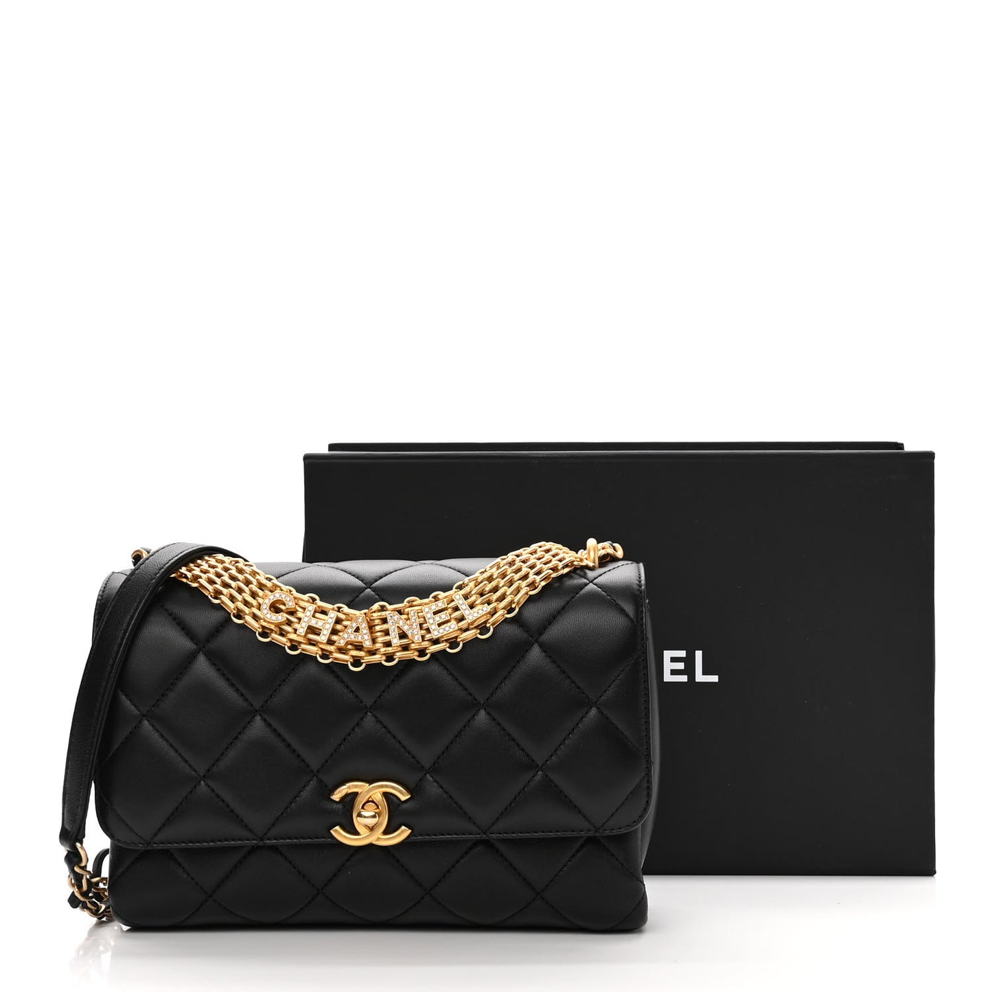 Lambskin Quilted CC Crystal Logo Chain Flap Black