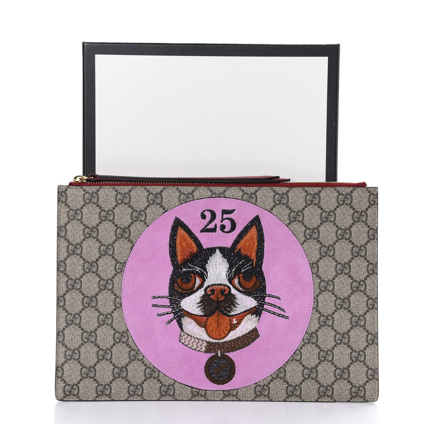 GG Supreme Monogram Bosco Patch Zip Pouch Beige Malva Hibiscus Red