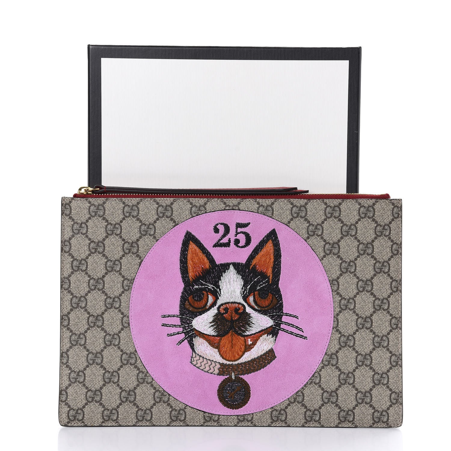 Gucci GG Supreme Monogram Bosco Patch Zip Pouch Beige Malva Hibiscus Red 10 of 10