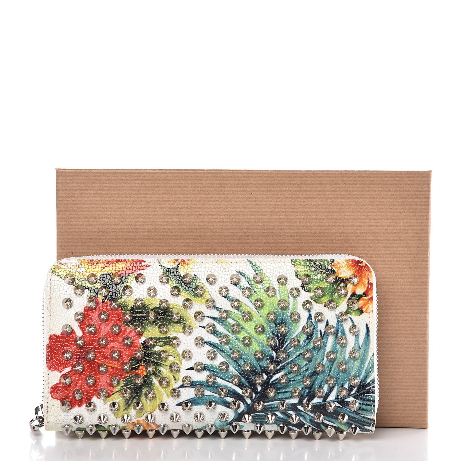 Christian Louboutin Crackled Calfskin Hawaii Print Panettone Spikes Zip Around Wallet White Silver 8 of 8
