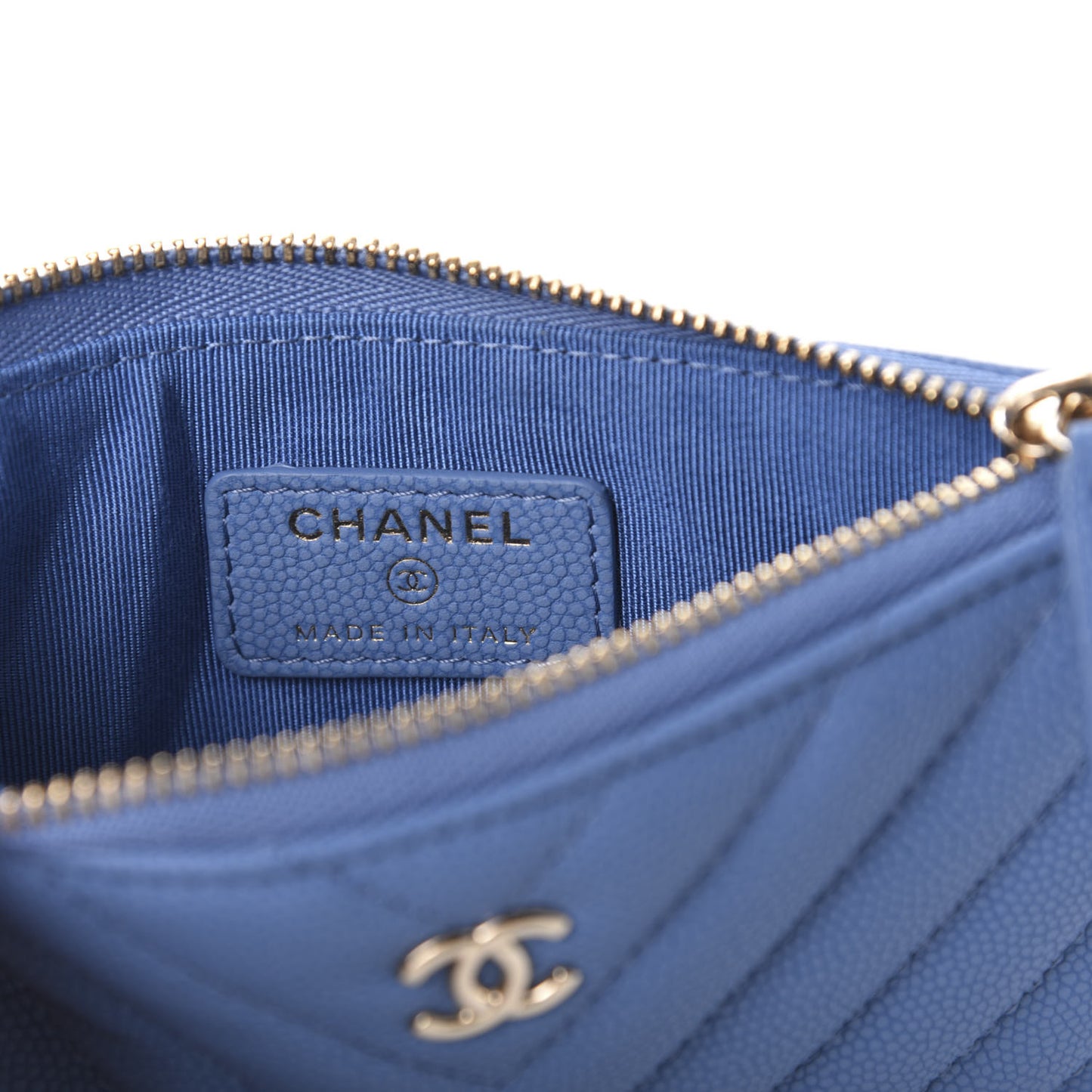 Caviar Flat Chevron Quilted Small Cosmetic Case Blue