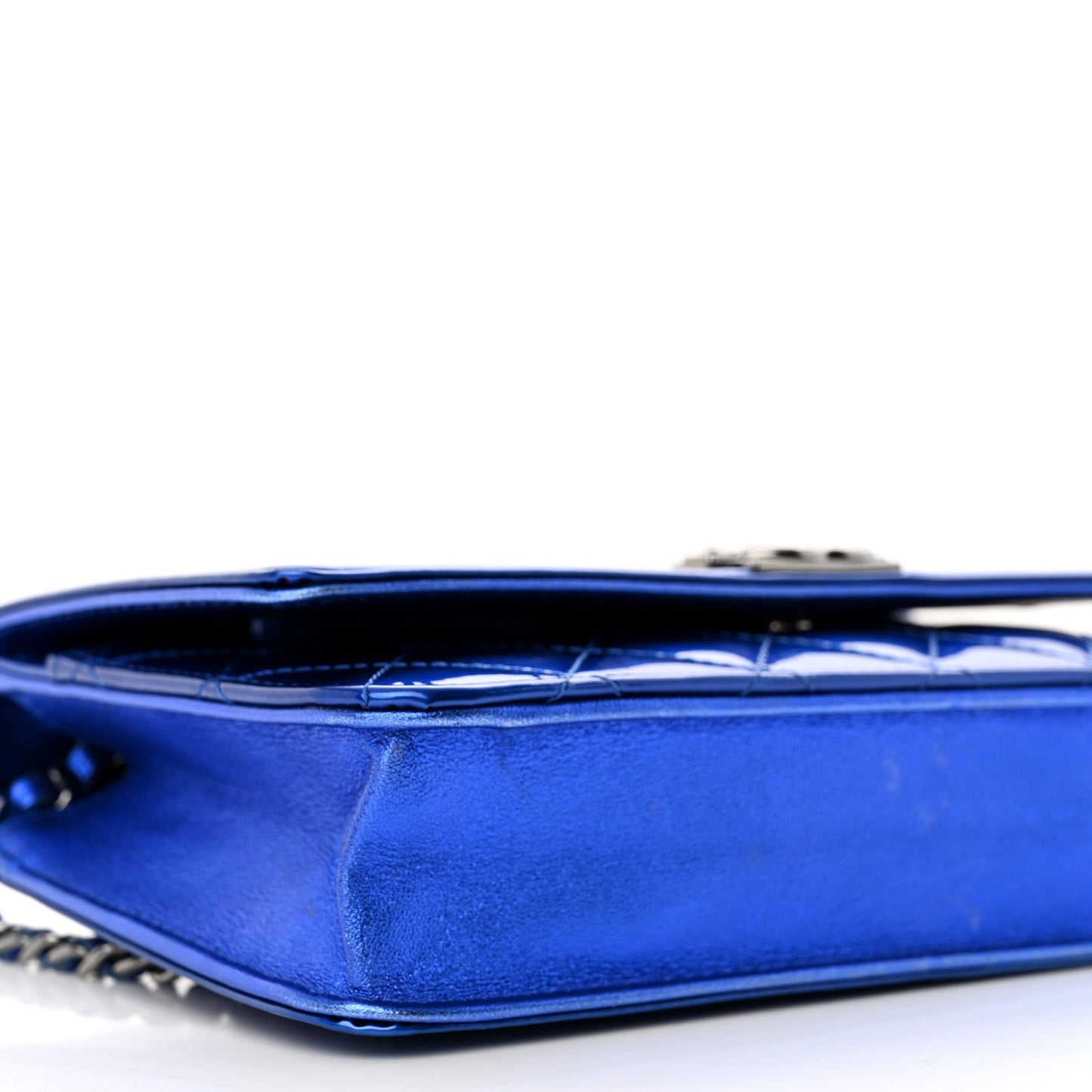 Metallic Patent Calfskin Quilted Boy Wallet on Chain WOC Blue