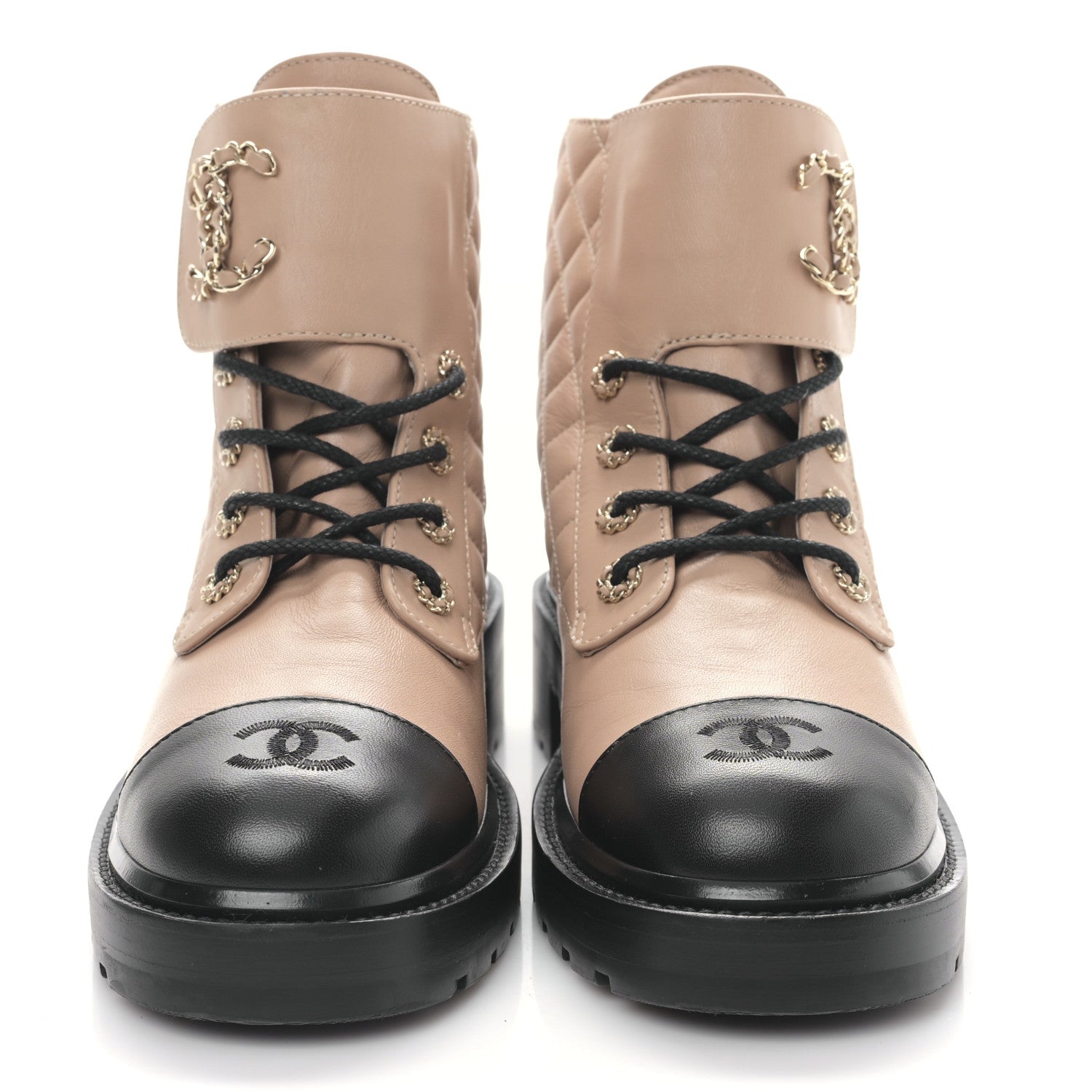 Chanel Shiny Lambskin Quilted Lace Up Combat Boots 40.5 Beige Black 2 of 8
