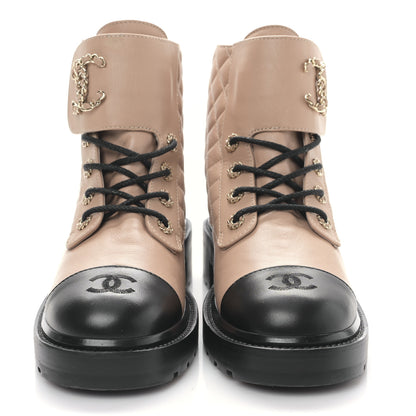Chanel Shiny Lambskin Quilted Lace Up Combat Boots 40.5 Beige Black 2 of 8