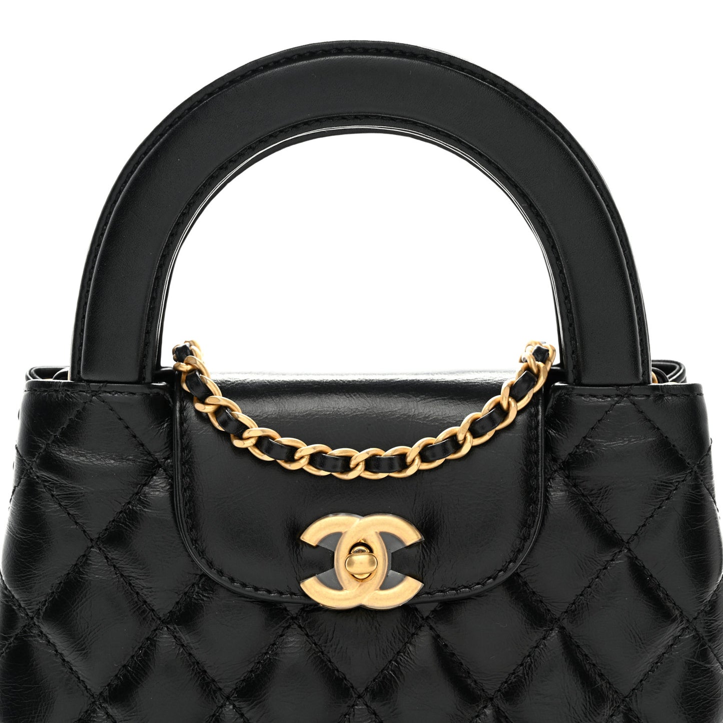 Shiny Aged Calfskin Quilted Nano Kelly Shopper Black