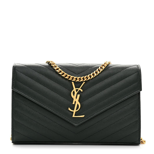 Grain De Poudre Matelasse Chevron Monogram Chain Wallet Dark Green