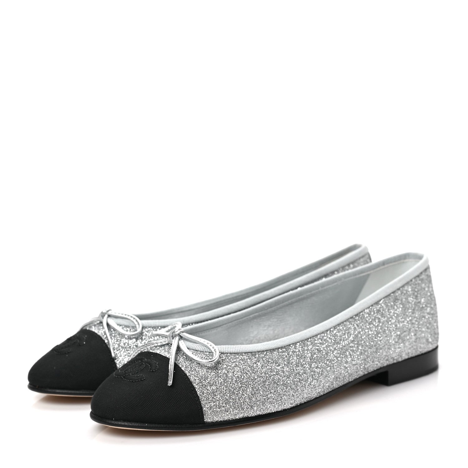 Chanel Glitter Grosgrain Cap Toe CC Ballerina Flats 38 Silver 3 of 9
