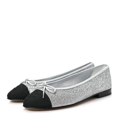 Chanel Glitter Grosgrain Cap Toe CC Ballerina Flats 38 Silver 3 of 9