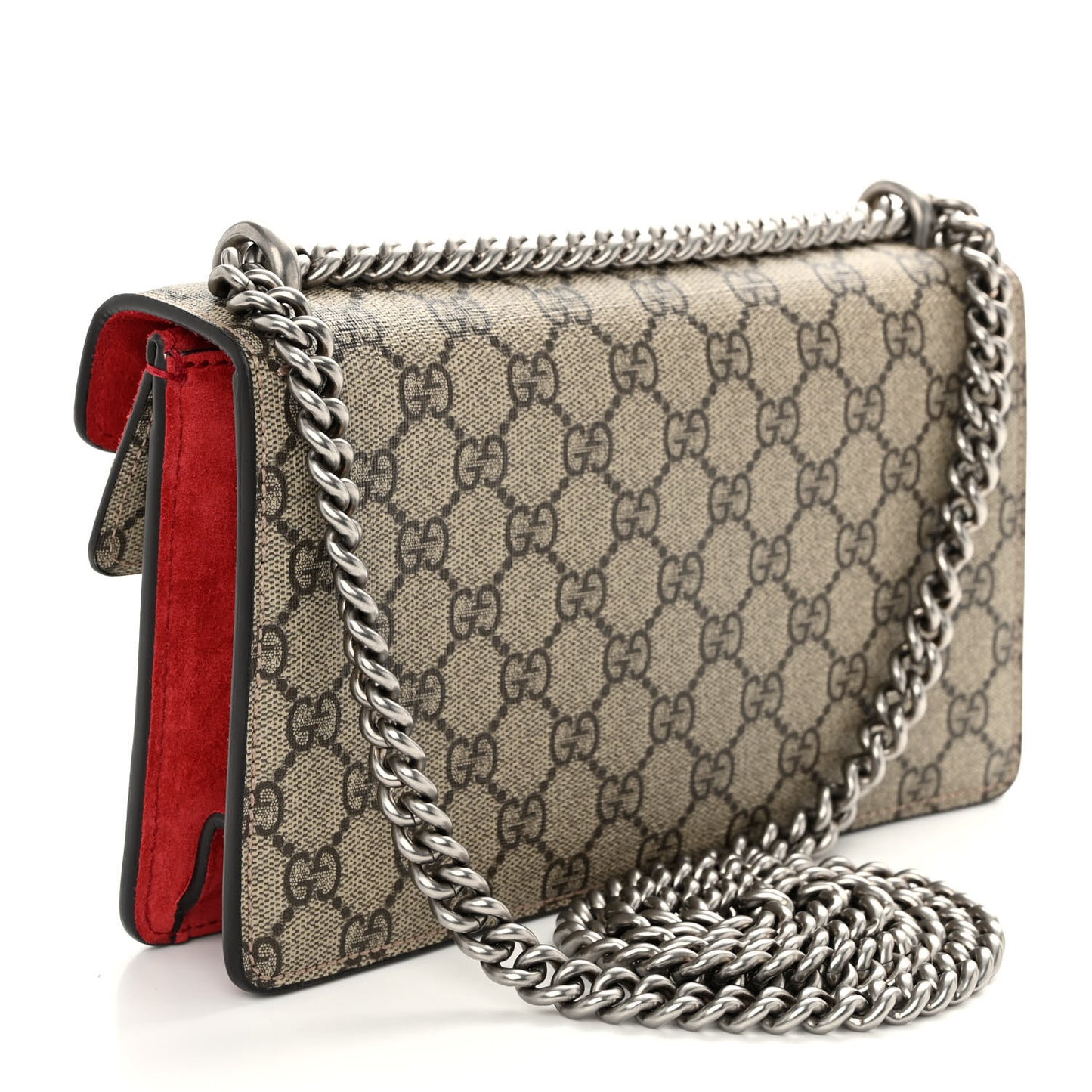 GG Supreme Monogram Suede Crystal Small Dionysus Shoulder Bag Beige Ebony Vulcanic Red
