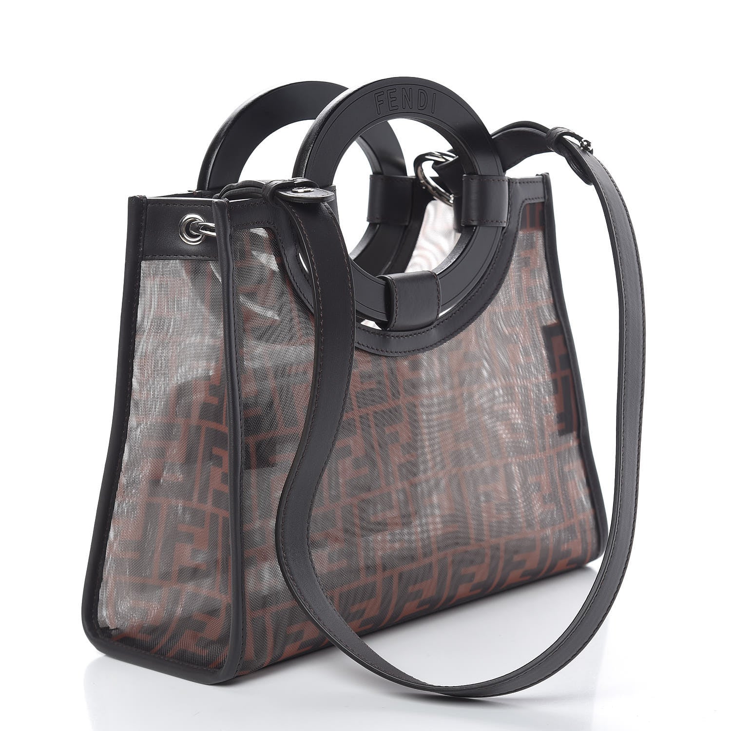 Fendi Mesh Vitello Century Cuoio FF 1974 Small Runaway Shopper Tote Marrone Black Ebano 4 of 12