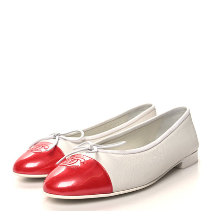 Chanel Calfskin Patent CC Cap Toe Ballerina Flats 38 White Red 3 of 9