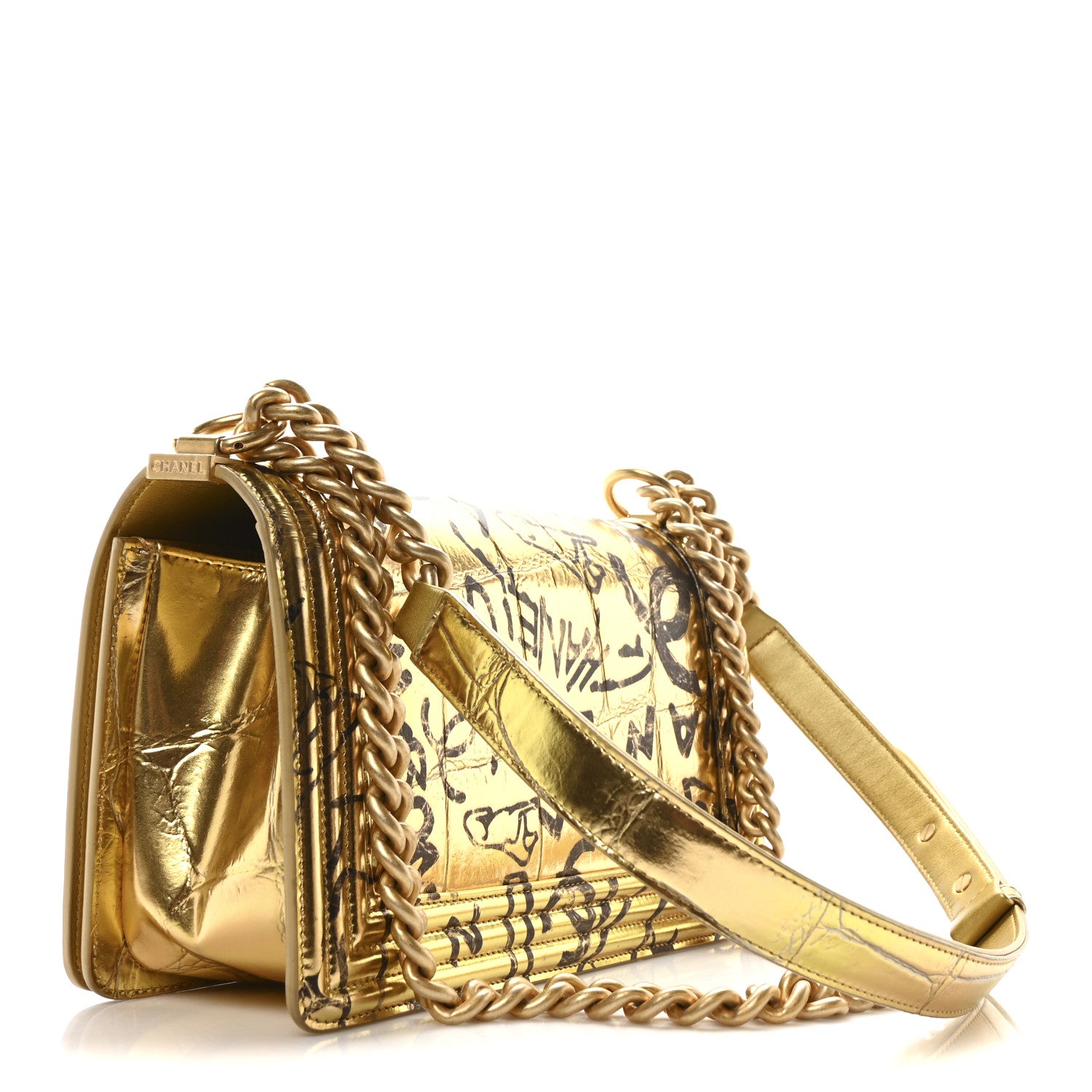 Chanel Metallic Calfskin Crocodile Embossed Graffiti Medium Cocodile Boy Flap Gold 3 of 10