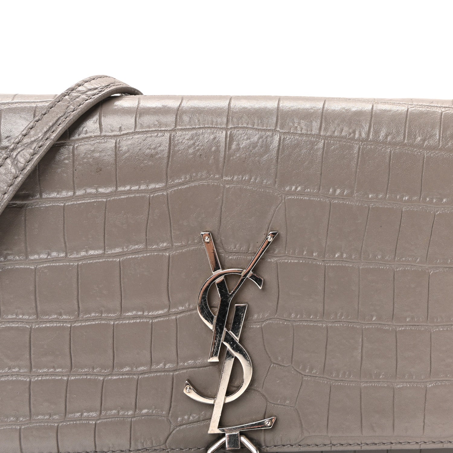 Saint Laurent Calfskin Crocodile Embossed Kate Monogram Tassel Chain Wallet Fog 7 of 9