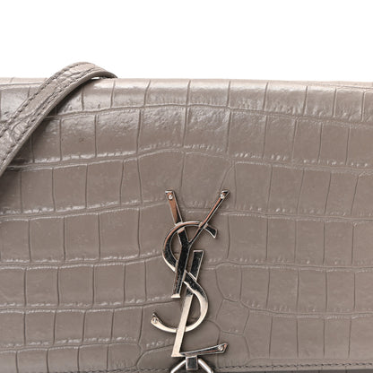 Saint Laurent Calfskin Crocodile Embossed Kate Monogram Tassel Chain Wallet Fog 7 of 9