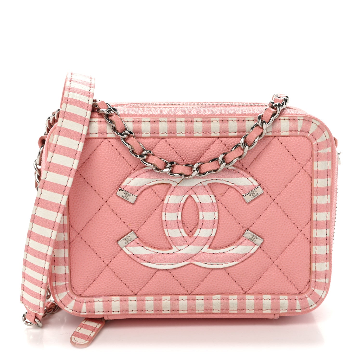 Chanel Caviar Quilted Striped CC Filigree Clutch With Chain Pink White 1 of 10