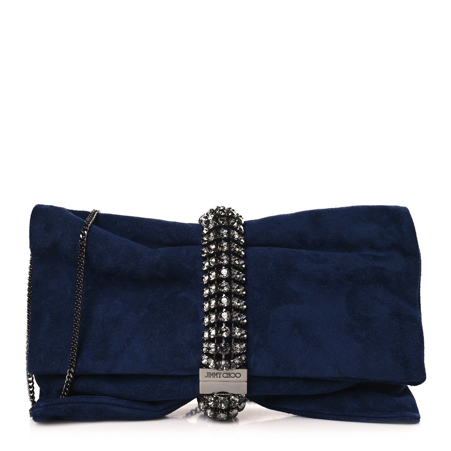 Suede Crystal Chandra Chain Clutch Navy