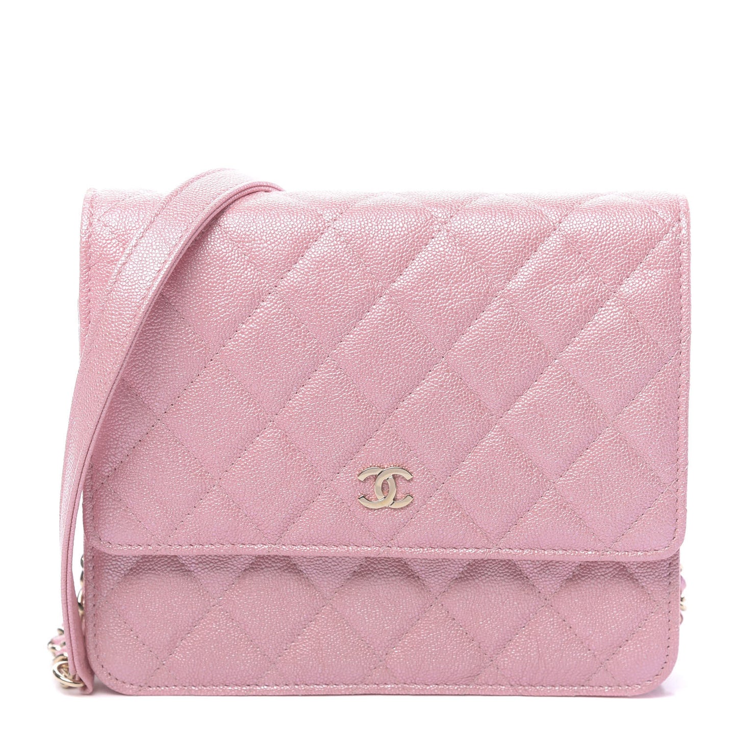 Iridescent Caviar Quilted Square Wallet On Chain WOC Rose Pink